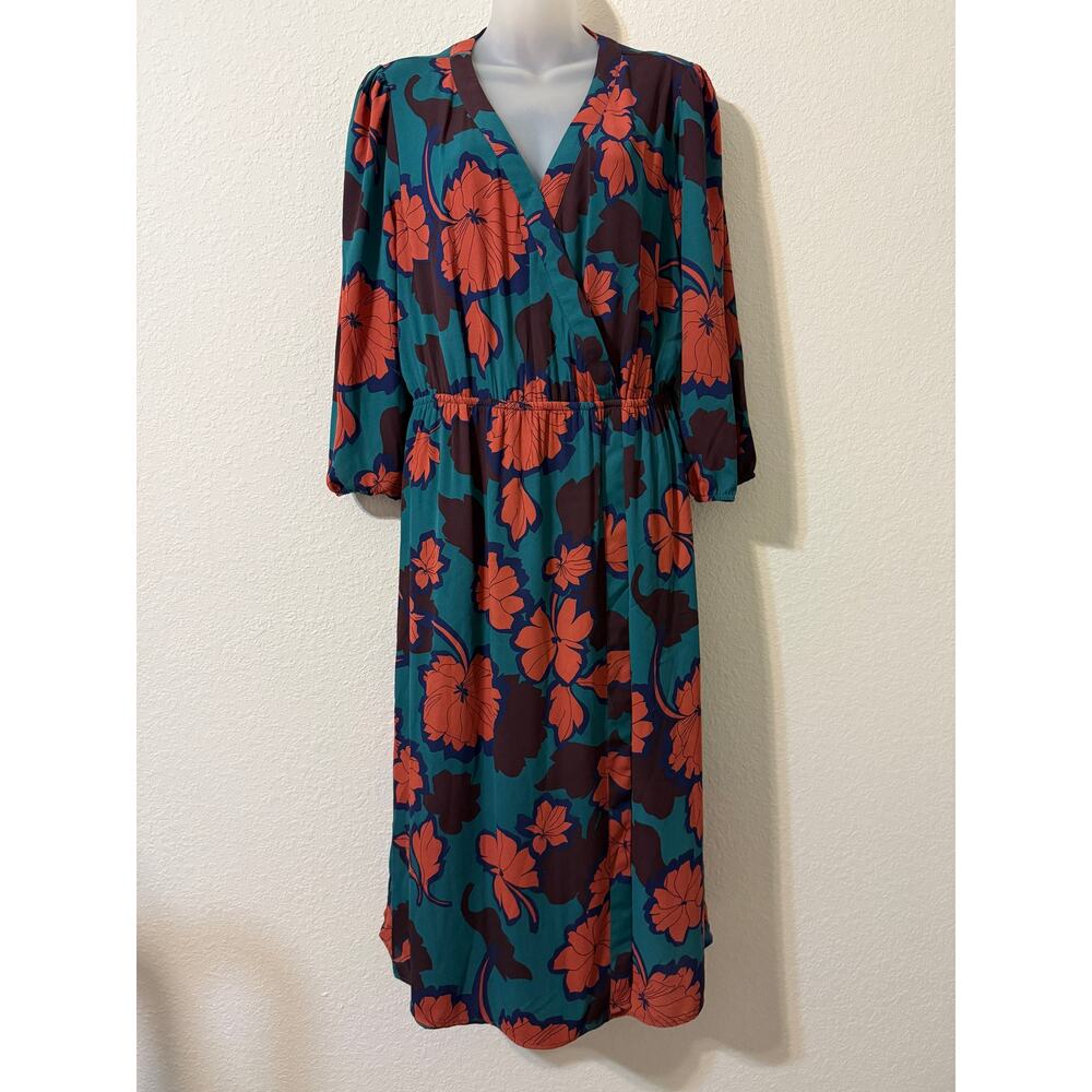 DR2 Dress Size M Surplice Puff‎ Sleeve Faux Wrap Midi Green/Orange Fall Florals